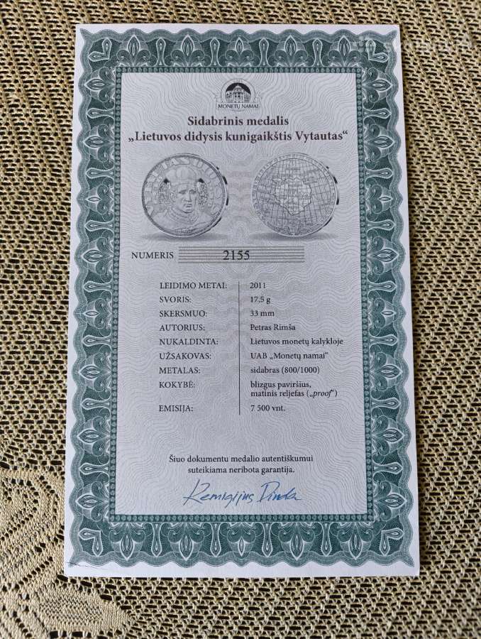 Vytautas Didysis. P.rimša .Sertifikatas. Sidabras - nuotraukos Nr. 6