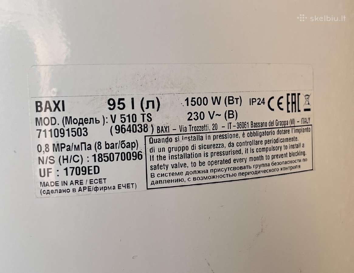 Baxi kombinuotas vandens šildytuvas 95 litrų - nuotraukos Nr. 3