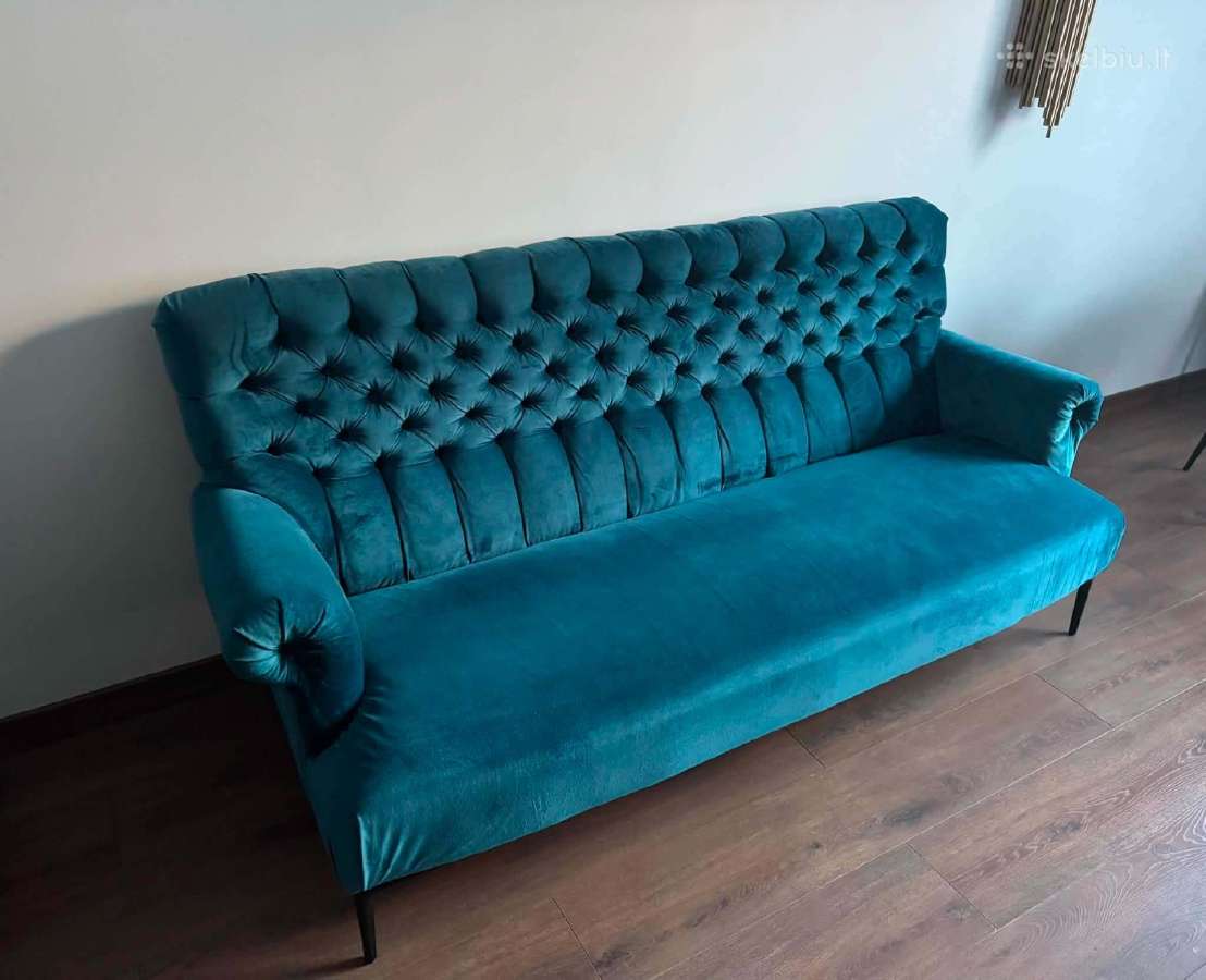Chesterfield stiliaus sofa, žalsvai mėlyna - nuotraukos Nr. 2