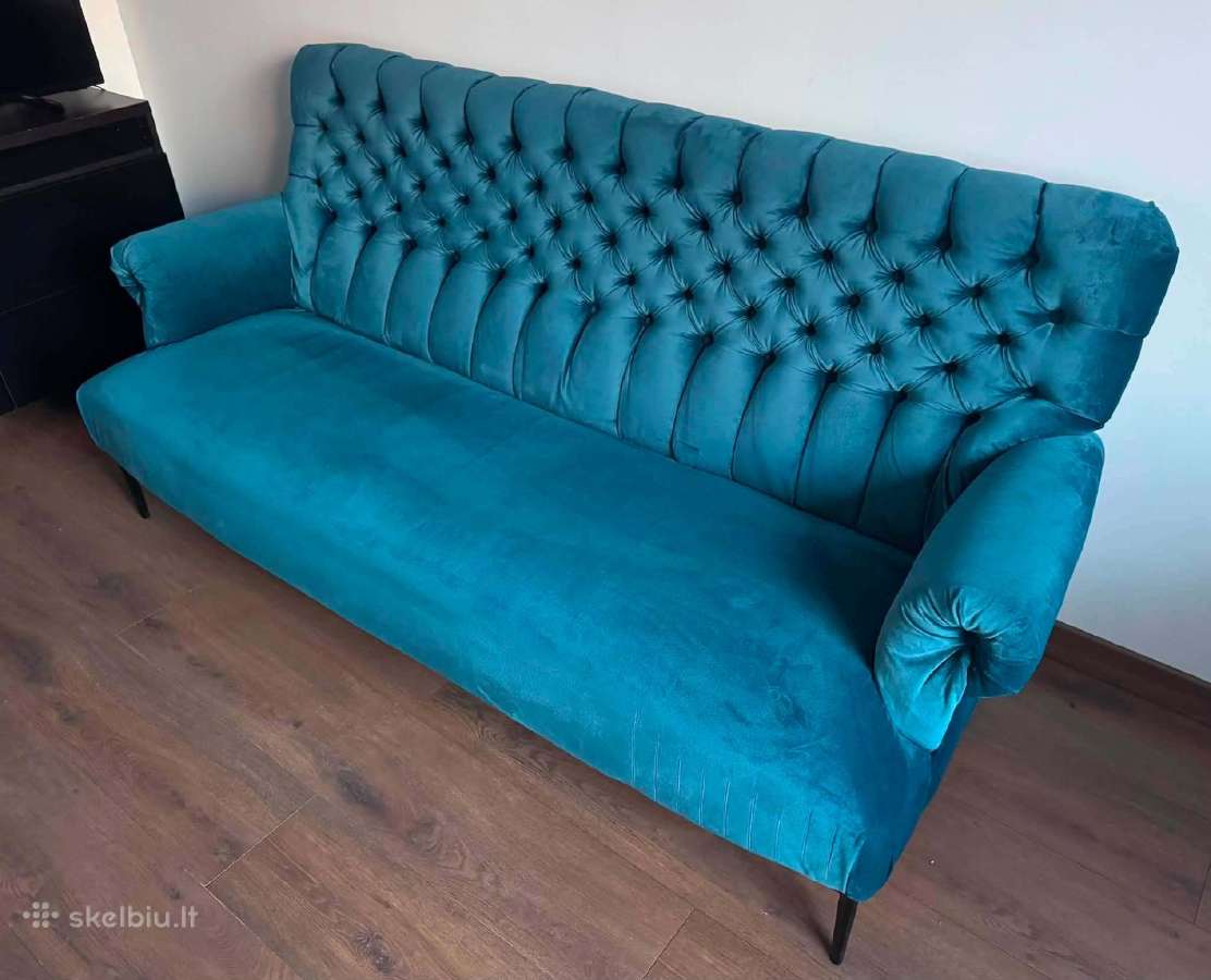 Chesterfield stiliaus sofa, žalsvai mėlyna - nuotraukos Nr. 3