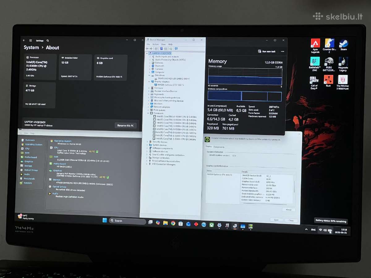 Parduodamas Hp Omen 17 su Gtx 1660ti, I5-9k, 144hz - nuotraukos Nr. 8