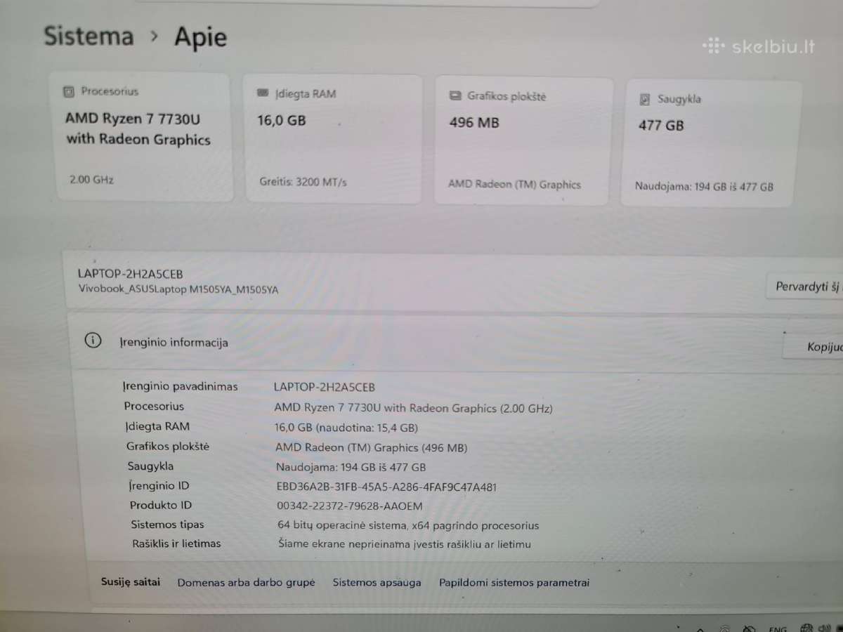 Asus Vivobook 15 ryzen 7 7730u 16gb RAM 512gb SSD - nuotraukos Nr. 2