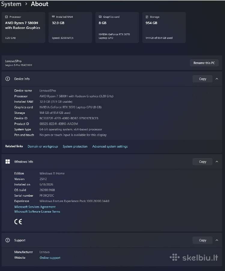 Legion 5 pro 5800h rtx3070 32gb RAM 1tb SSD - nuotraukos Nr. 6