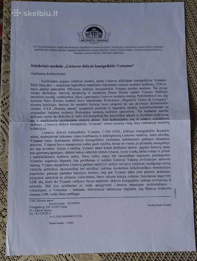 Vytautas Didysis. P.rimša .Sertifikatas. Sidabras - nuotraukos Nr. 9