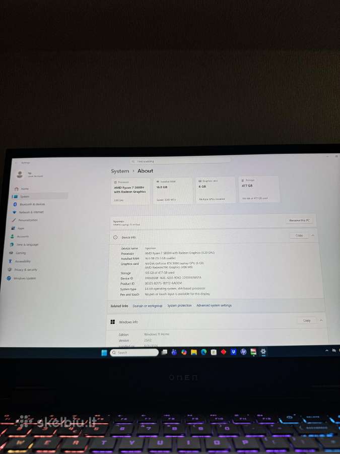 Hp Omen 15 Qhd 165hz / Ryzen 7 5800h / Rtx 3060 - nuotraukos Nr. 9