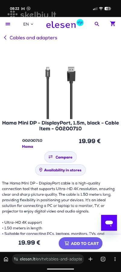 Mini Display Port į Display Port 1,5m kabelis - nuotraukos Nr. 2