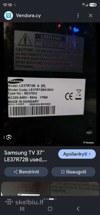 Samsung televizorius Model: E37r72b[r - nuotraukos Nr. 2