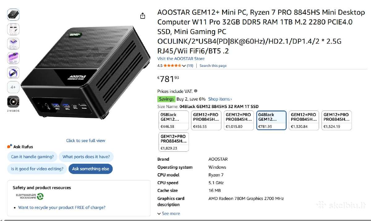Aoostar Gem12+ 8845hs Mini Pc 32 GB RAM 1 TB SSD - nuotraukos Nr. 6