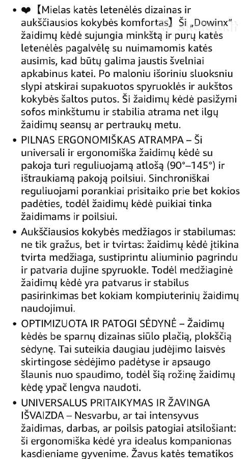 Žaidimų, kompiuterinė kėdė Dowinx - nuotraukos Nr. 7