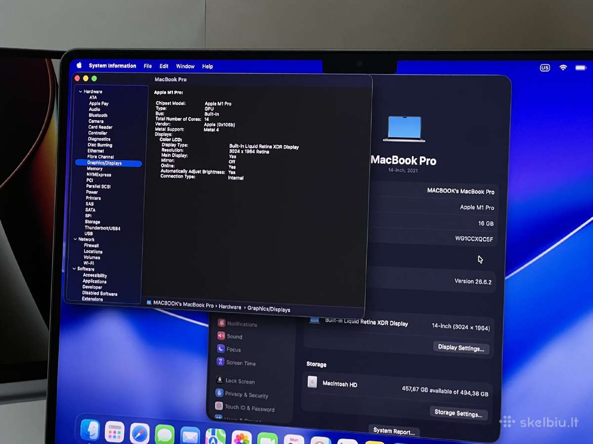 Parduodamas MacBook Pro 14 su M1 Pro, Xdr 120hz. - nuotraukos Nr. 9