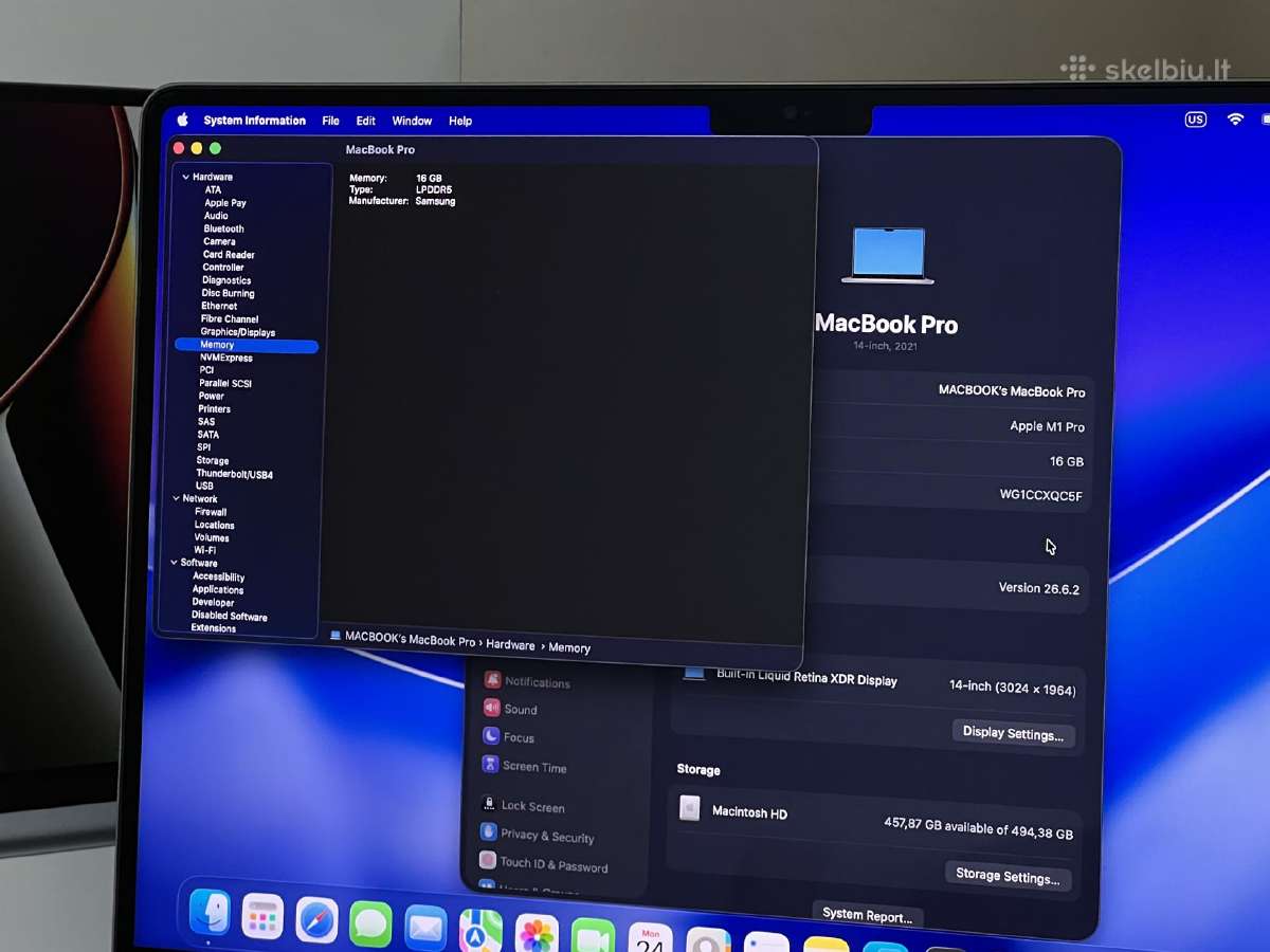 Parduodamas MacBook Pro 14 su M1 Pro, Xdr 120hz. - nuotraukos Nr. 10