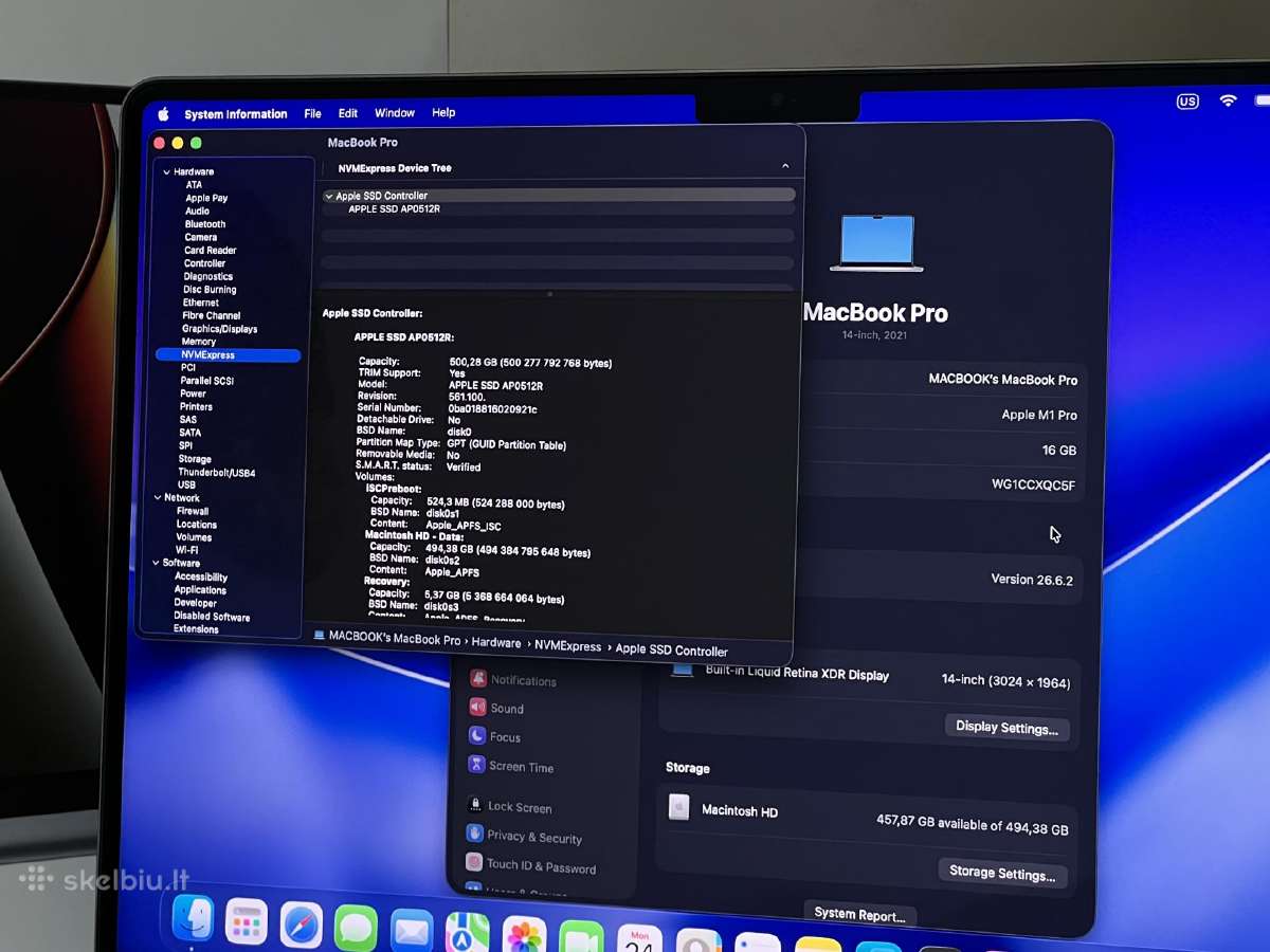 Parduodamas MacBook Pro 14 su M1 Pro, Xdr 120hz. - nuotraukos Nr. 11