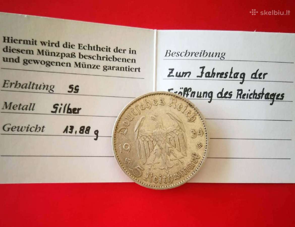Sidabrinė 5 Reichsmark (1934 m.) su Mdm sertifikat - nuotraukos Nr. 2