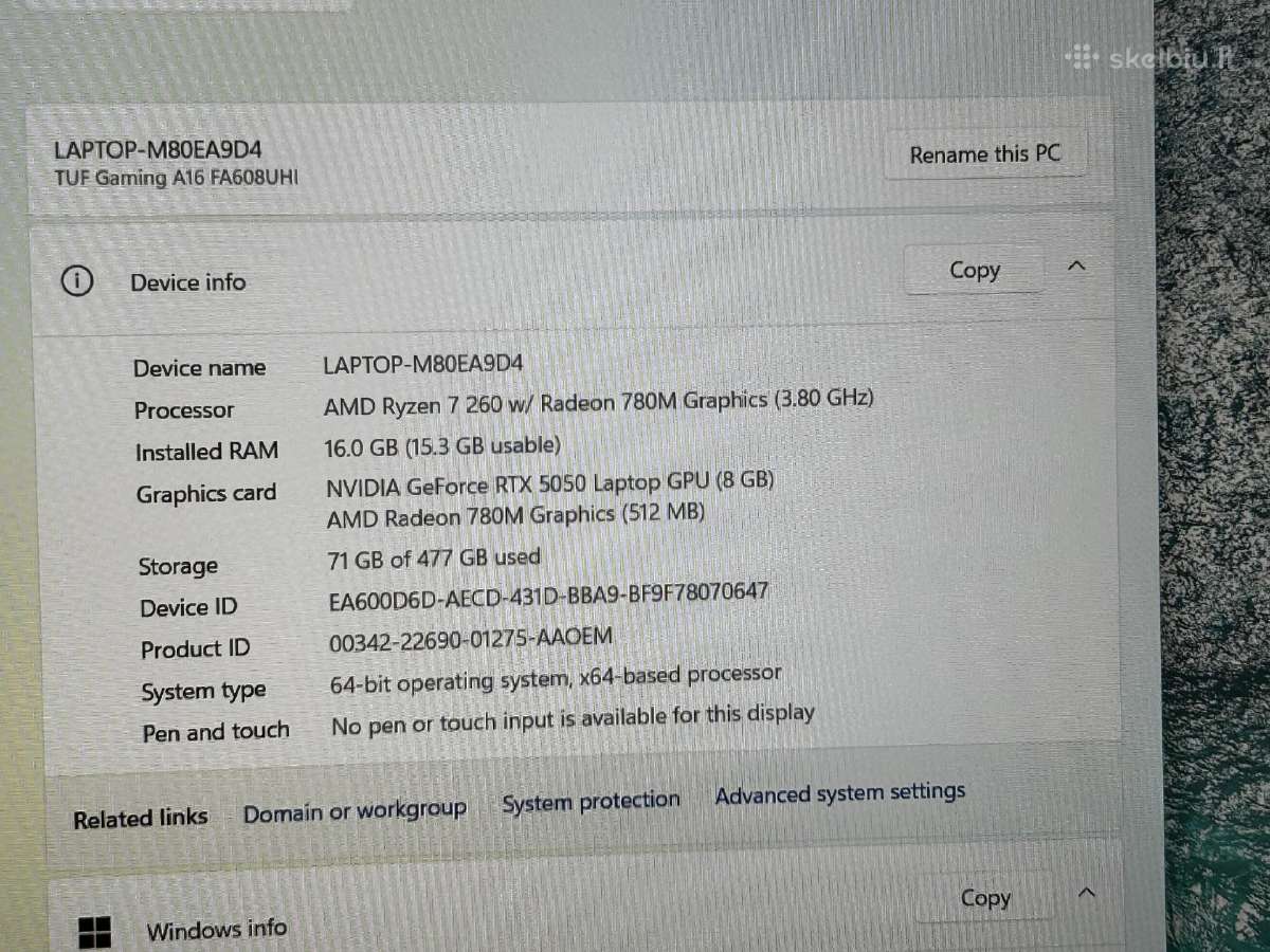 Asus Tuf Gaming A16 Ryzen 7 Rtx5050, naujas - nuotraukos Nr. 4