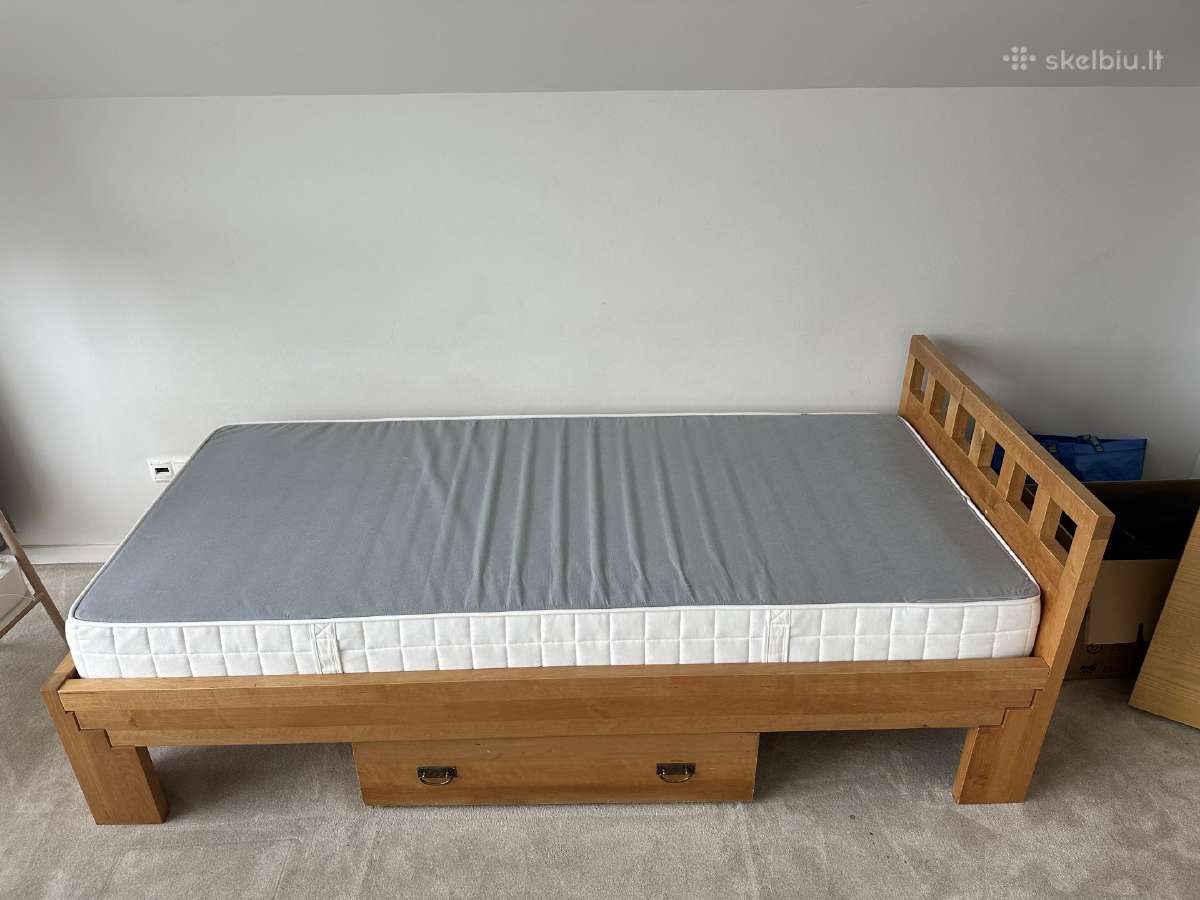 Medinė viengulė lova su čiužiniu ir stalčium - nuotraukos Nr. 5