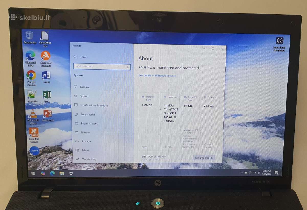 Hp Probook 4510sintel Core2 2 GB RAM 233 GB HDD - nuotraukos Nr. 7