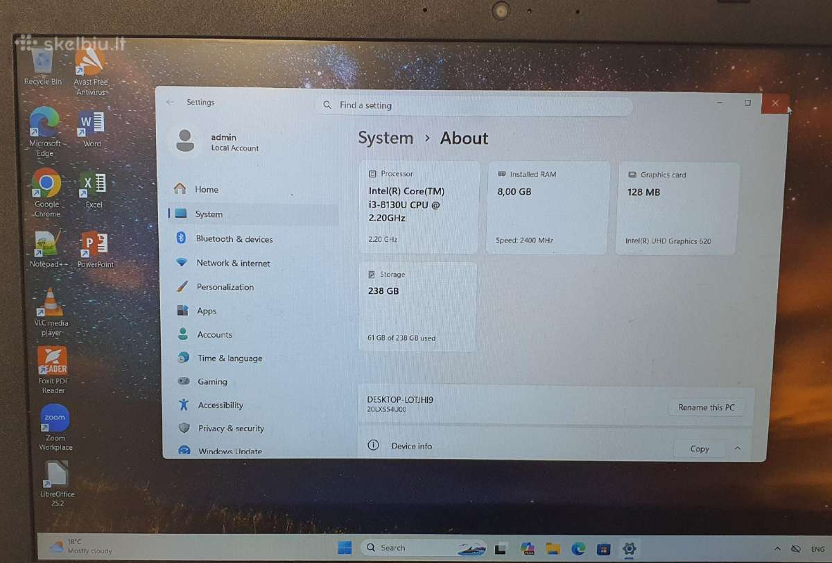 Lenovo L580 i3-8130 8 GB RAM 240 GB Nvme SSD - nuotraukos Nr. 6