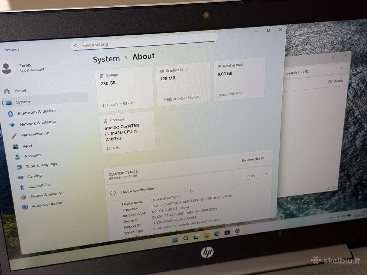 Hp Probook 450 G6 15.5 8gb/256ssd - nuotraukos Nr. 3