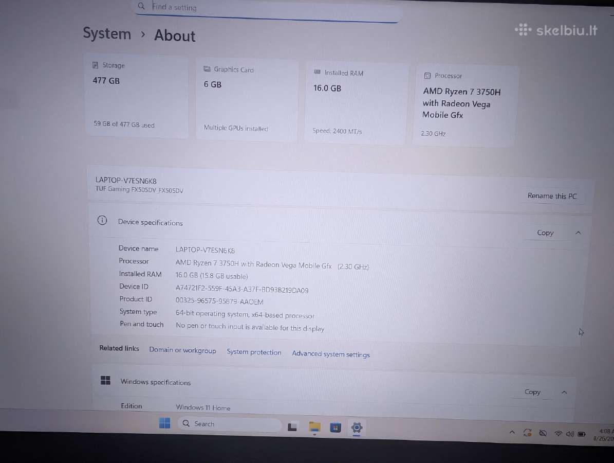 Asus Tuf Gaming Fx505dv Rtx 2060, Ryzen 7, 16gb - nuotraukos Nr. 5
