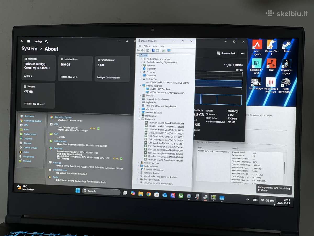 Parduodamas Msi Thin su Rtx 4050, I5-13k, 144hz. - nuotraukos Nr. 8