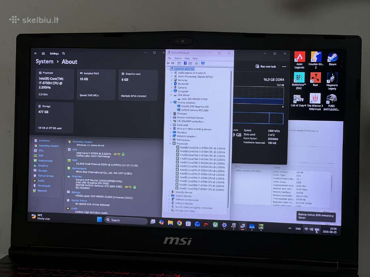 Parduodamas Msi Gl73 Raider su Rtx 2060, I7, 144hz - nuotraukos Nr. 8