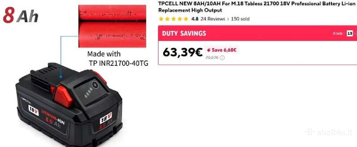 Milwaukee 18v 8ah baterija - nuotraukos Nr. 4