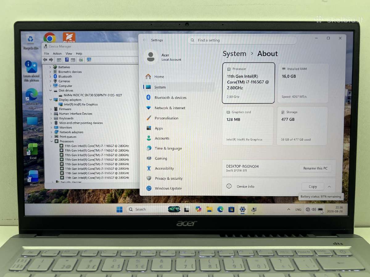 Acer swift 314 i7-11th/16gb/512nvme - nuotraukos Nr. 2
