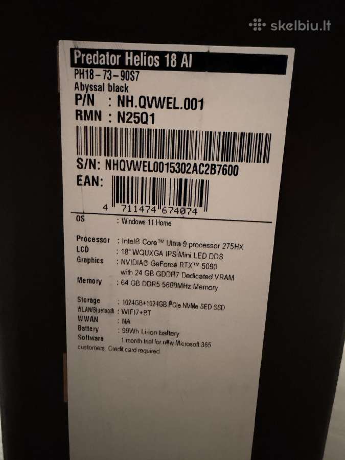 Predator Helios Ultra 9 Rtx 5090, 64gb, 2tb Nauja! - nuotraukos Nr. 7