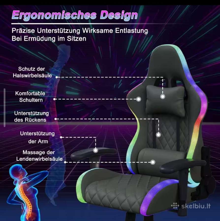 Atlošiama biuro/žaidimų kėdė su Rgb ir masažu. - nuotraukos Nr. 7