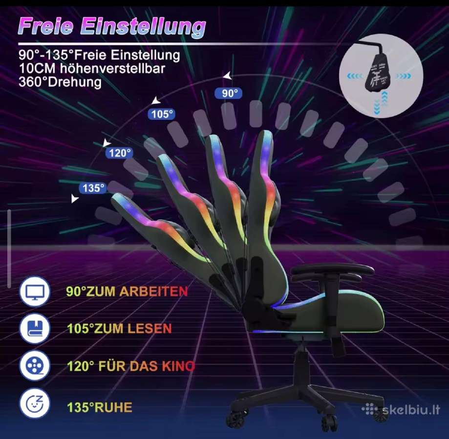 Atlošiama biuro/žaidimų kėdė su Rgb ir masažu. - nuotraukos Nr. 9