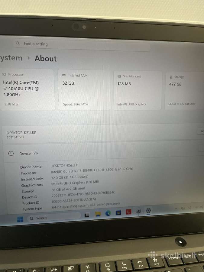 Lenovo Thinkpad T14s Gen1 i7-10610u 512gb SSD 32gb - nuotraukos Nr. 9