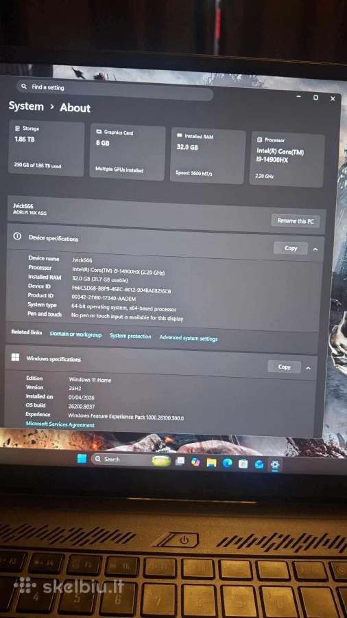 Galingas idealus Gygabyte Aorus 16x Asg 4070/i9/32 - nuotraukos Nr. 3