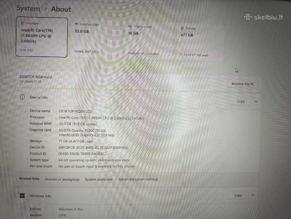 Zbook 17.3 i7-8850h 32gb 512gb P5200 16gb 5% - nuotraukos Nr. 4