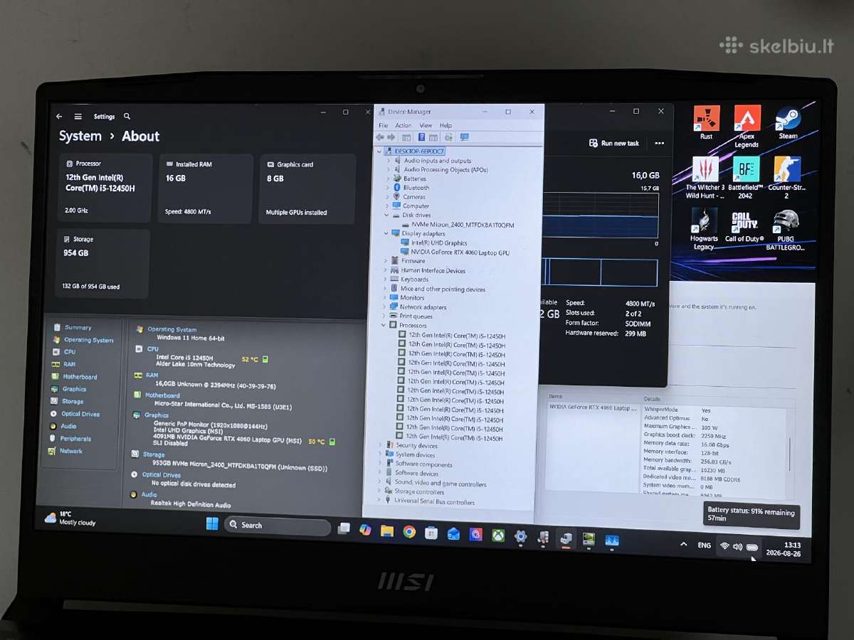 Parduodamas Msi Katana su Rtx 4060, I5-12k, 1tb. - nuotraukos Nr. 8