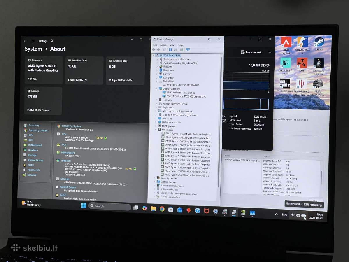 Parduodamas Hp Victus 16 su Rtx 3060, Ryzen, 144hz - nuotraukos Nr. 8