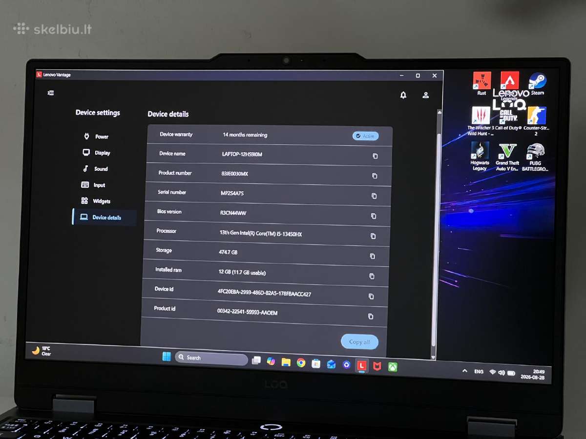 Parduodamas Lenovo Loq su Rtx 5050, I5-13hx, 144hz - nuotraukos Nr. 9
