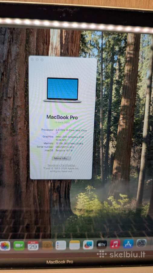 Tvarkingas MacBook Pro 15" 2019 16gb RAM, 256 GB - nuotraukos Nr. 3