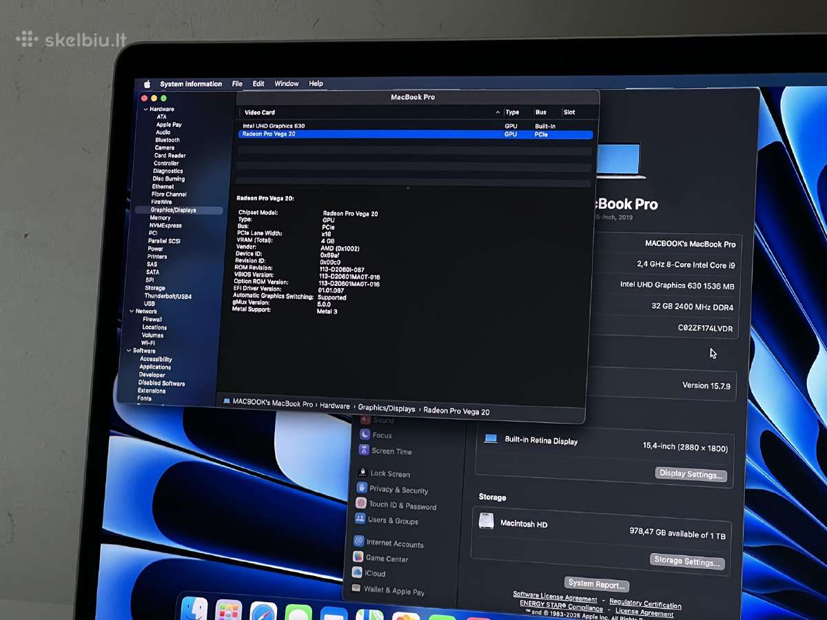 Parduodamas MacBook Pro su I9, Vega 20, 32gb/1tb. - nuotraukos Nr. 9