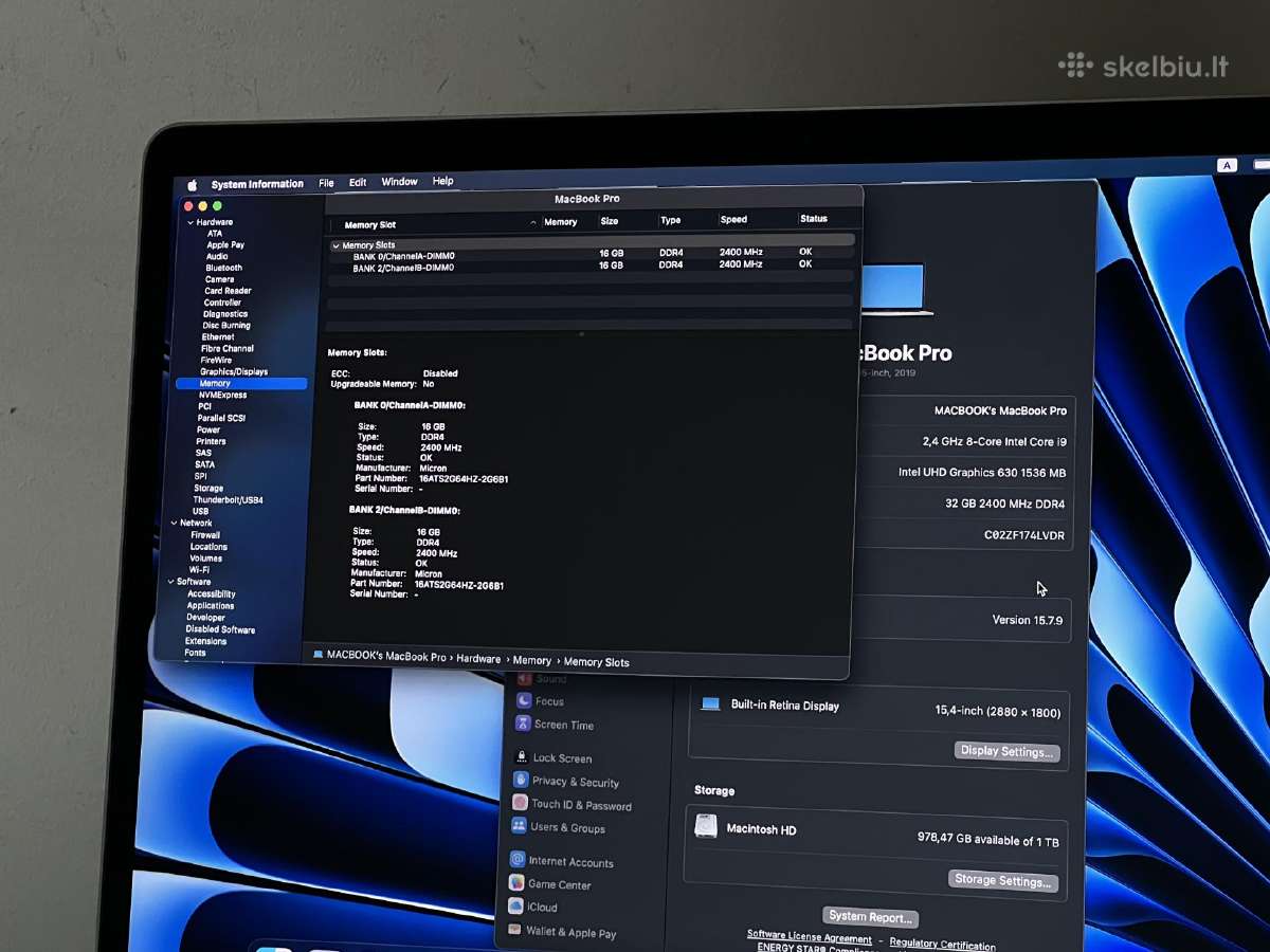 Parduodamas MacBook Pro su I9, Vega 20, 32gb/1tb. - nuotraukos Nr. 10