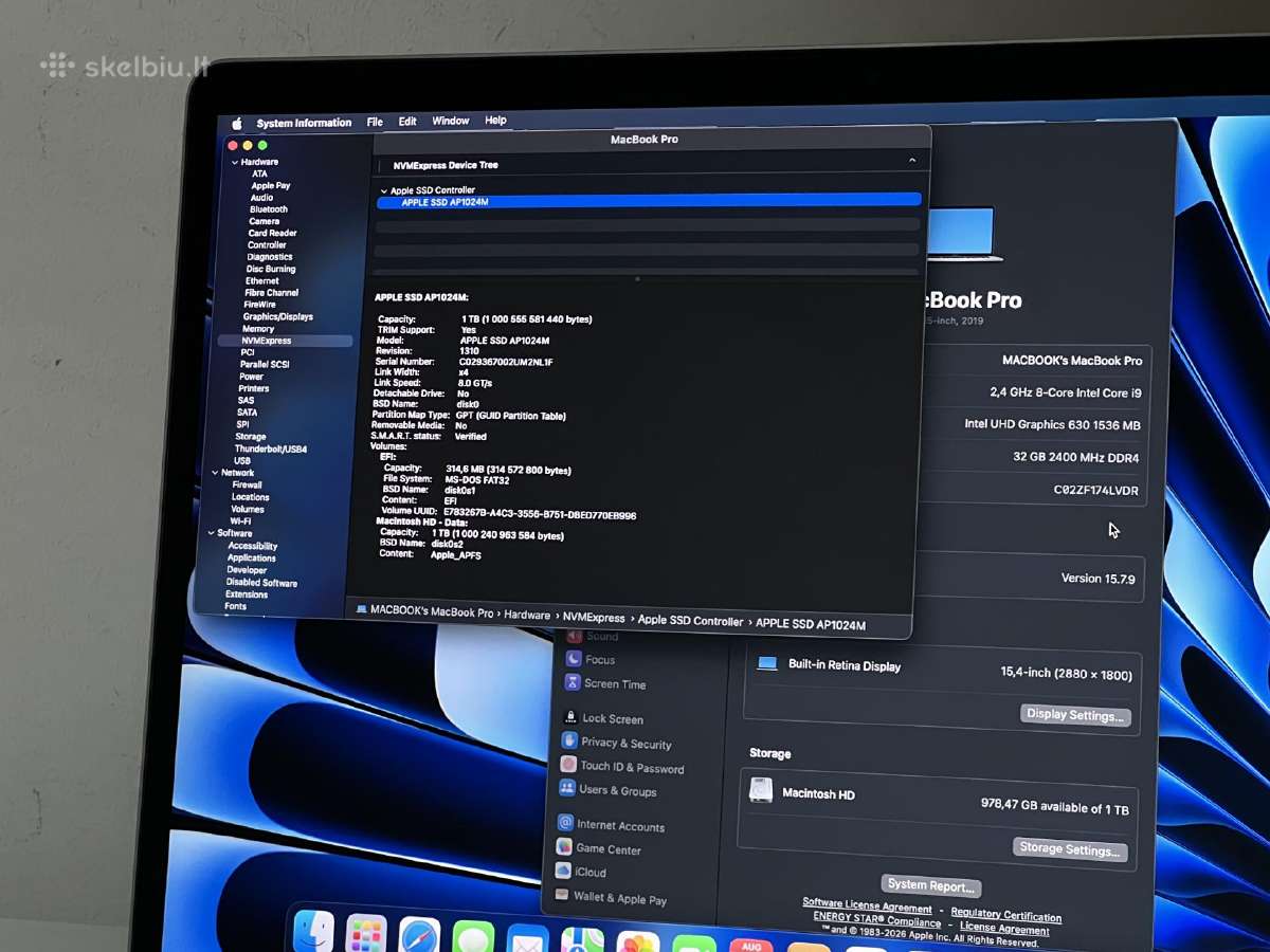 Parduodamas MacBook Pro su I9, Vega 20, 32gb/1tb. - nuotraukos Nr. 11