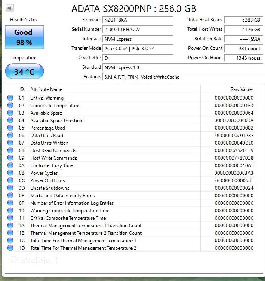 Adata Xpg Sx8200 Pro 256gb Nvme M.2 SSD - nuotraukos Nr. 4