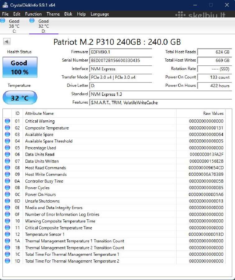 Patriot P310 240gb Nvme M.2 SSD - nuotraukos Nr. 3