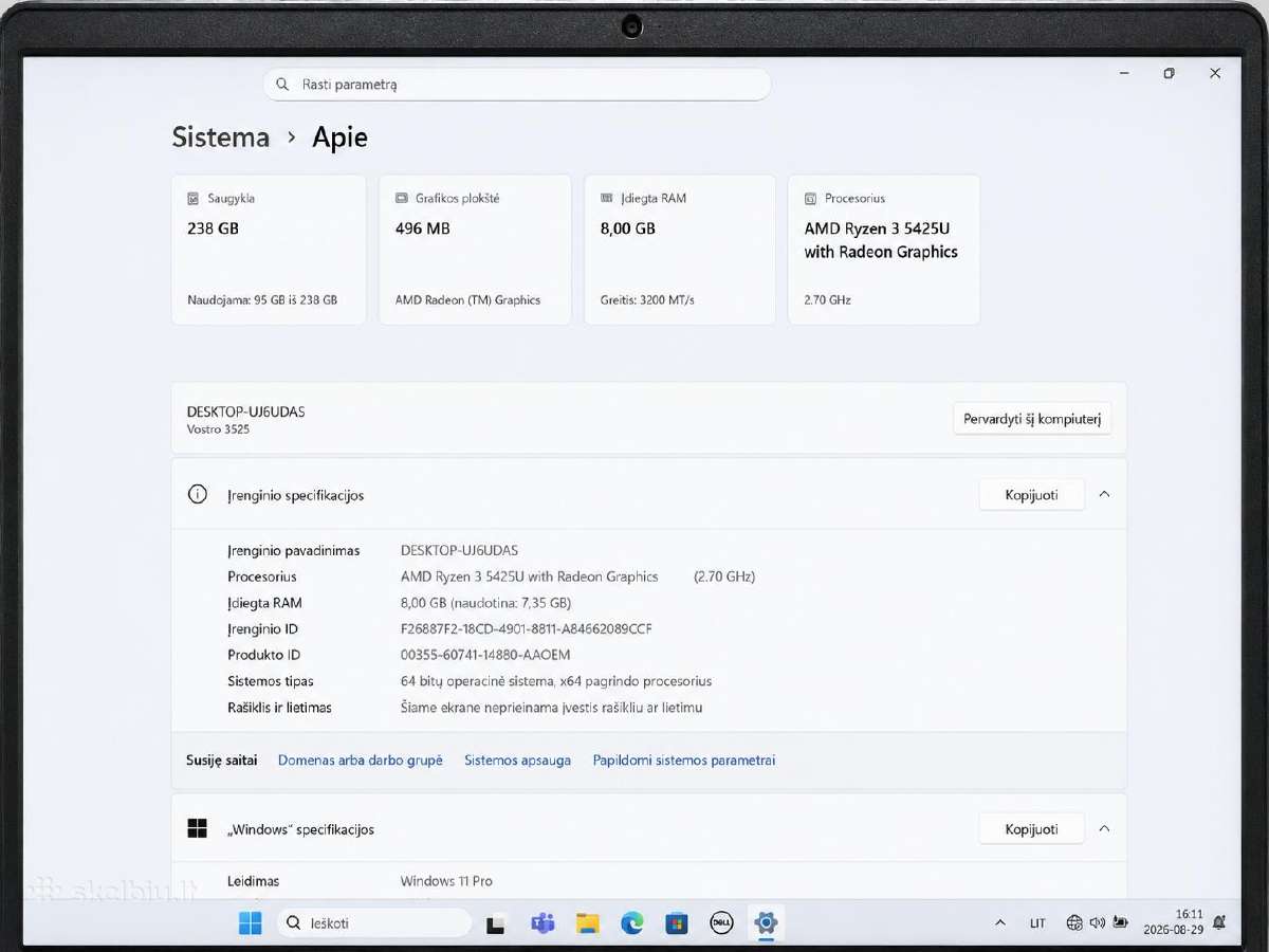 Dell Vostro 3525 15,6''ryzen 38gb Ram256gb SSD - nuotraukos Nr. 3