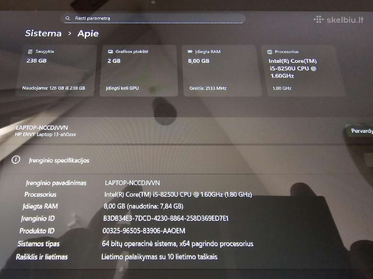 Hp Envy 13 (i5-8250u/8gb/256gb/SSD/2gb Gpu/touch) - nuotraukos Nr. 3