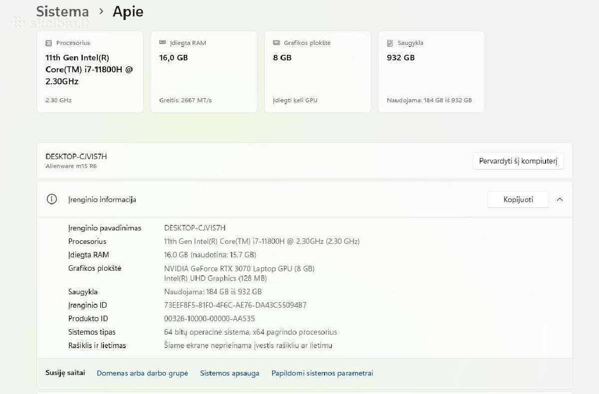 Alienware m15 R6 / i7 / Rtx 3070 / 16gb / 1tb - nuotraukos Nr. 4