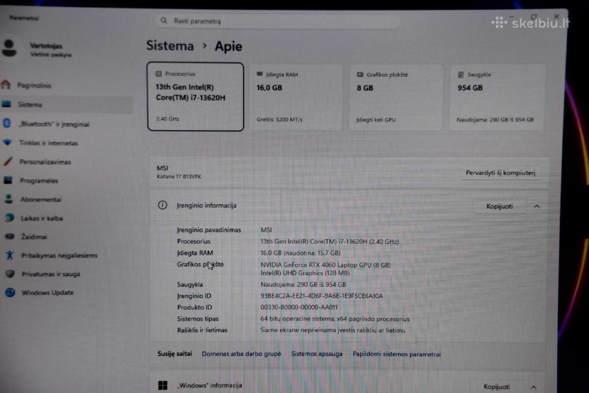 Msi 17,3 i7-13gen Rtx 4060 8gb 16gb 1tb SSD - nuotraukos Nr. 11