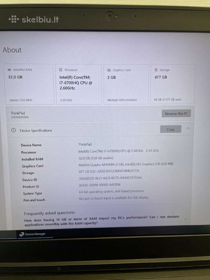 Lenovo Thinkpad P50 i7-6700hq 512ssd 32ram M1000m - nuotraukos Nr. 7