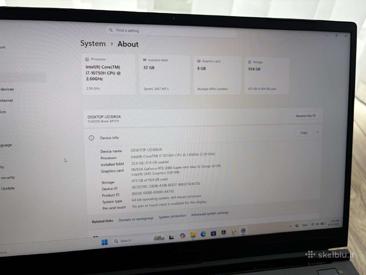Tuxedo i7 Rtx2080 8gb 32gb RAM 1tb SSD - nuotraukos Nr. 6
