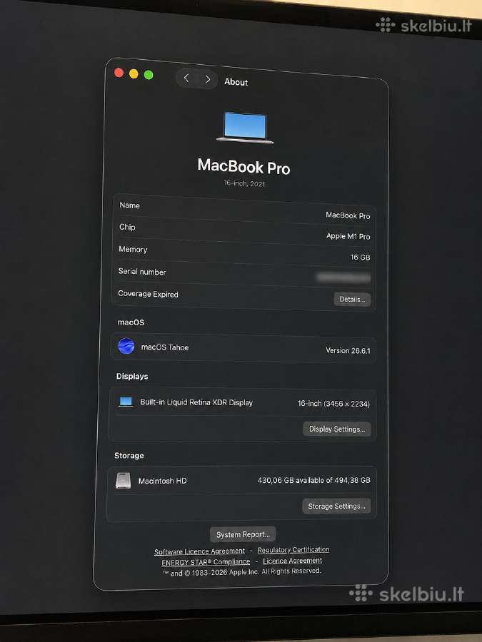 Apple MacBook Pro 16 M1 Pro 16gb / 512gb 90% - nuotraukos Nr. 6