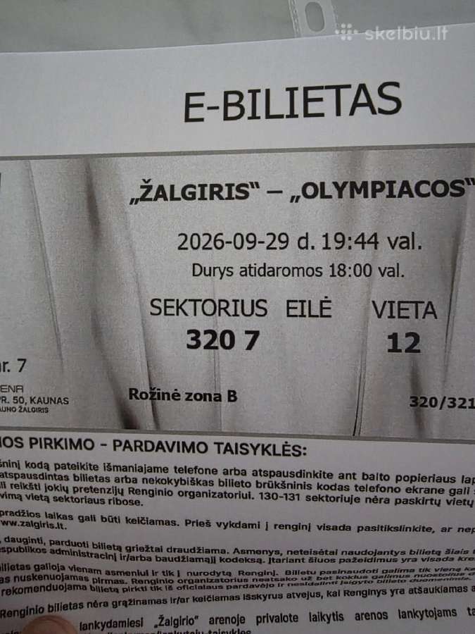 6 bilietai Žalgiris - Olimpiacos 09.29 - nuotraukos Nr. 2